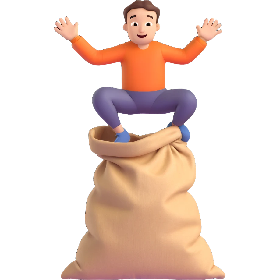 simplified minimal details man jumping inside of a sack, 3D style emoji