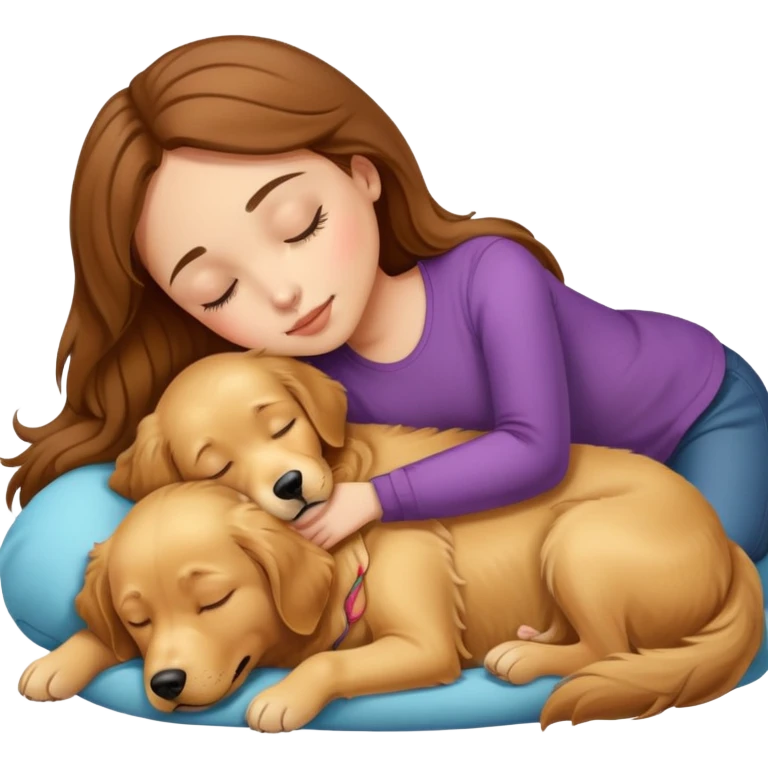 a girl with brown hair, light skin, sleep on a golden retriever dog emoji