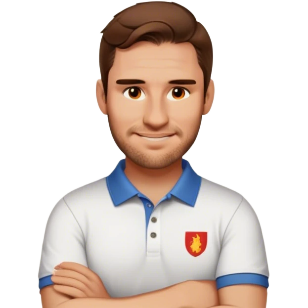 With a grin and folded arms wearing a polo emoji