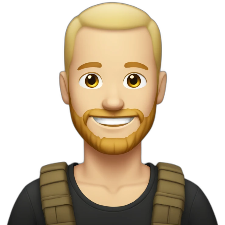 White guy, short bearded, no hair, blonde with a black t-shirt smiling emoji