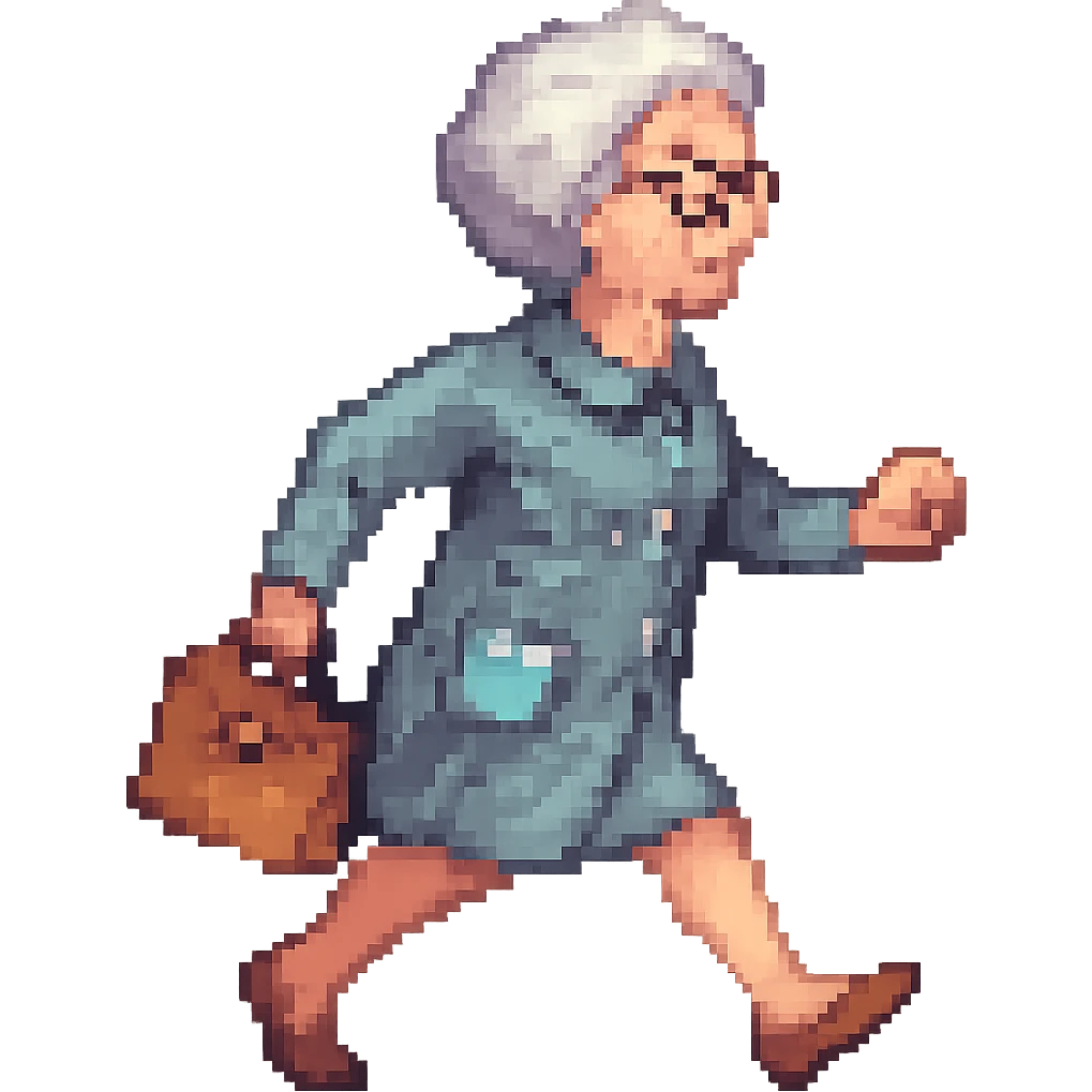 Change the walking pose of the elderly woman with short hair to a brisk walk. Keep the pixel art style look in mind while editing. emoji