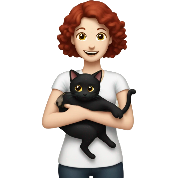 Woman with dark red hair holding a black cat in arms and both are cheering emoji