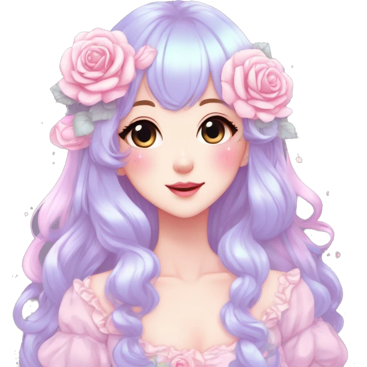 Gorgeous pastel anime style lady with blushing face and roses cottagecore fairycore pastelcore shiny colorful pearly aesthetic trending style emoji