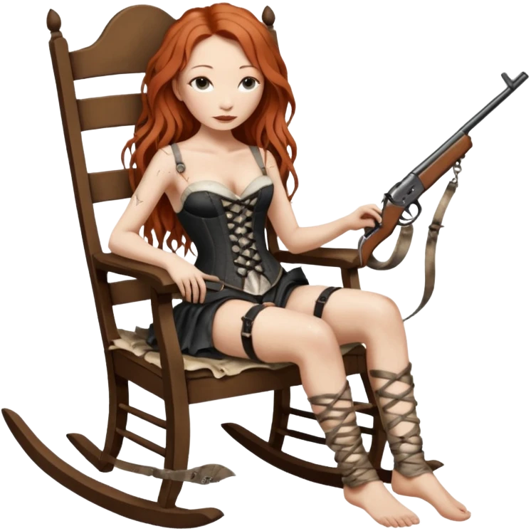 realistic cinematic Tori Amos sits on a rocking chair in a torn corset, holding an antique rifle and her bare feet are muddy. A white snake is wrapped around the chair. emoji