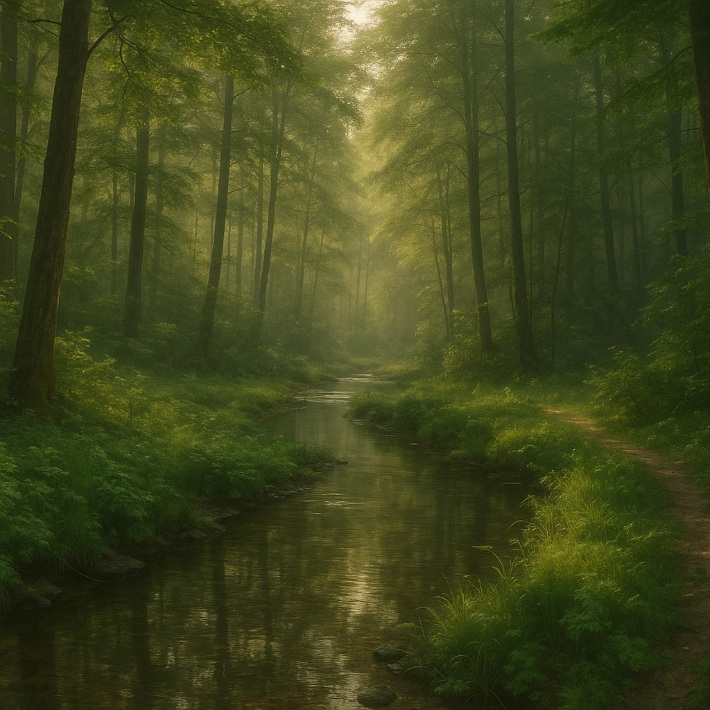 realistic 1920x1080 forest landscape in early morning, dense trees, clear stream winding through foreground, soft golden morning light, lush greenery, detailed water reflections, gentle mist, no wildlife emoji