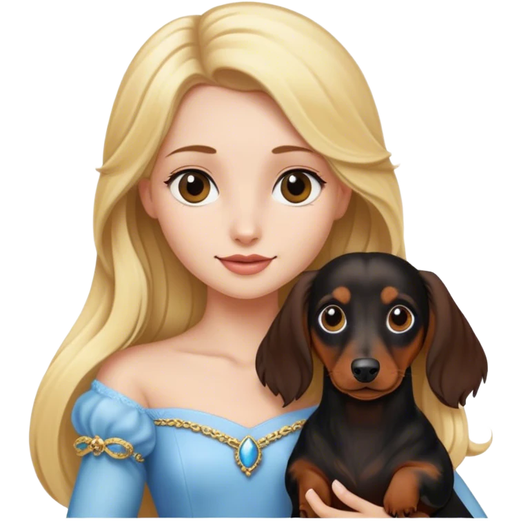 Blonde princess holding a Long haired black and brown dachshund  emoji