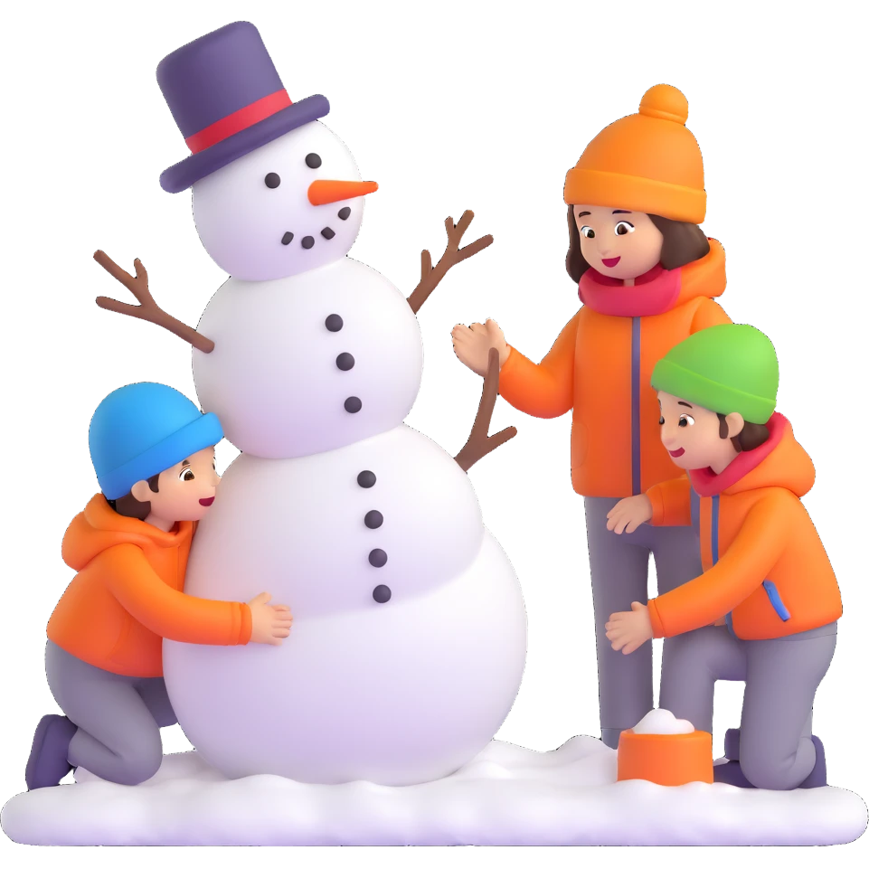 kids building a snowman, playful and bright emoji