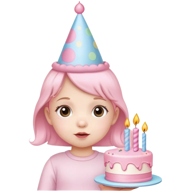 cute baby girl with pastel pink birthday hat and pink birthday cake emoji