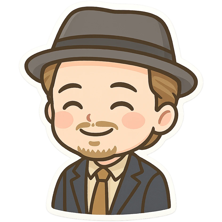 chibi cartoon emoji of Leonardo DiCaprio smiling with a fedora hat, adorable and simple emoji