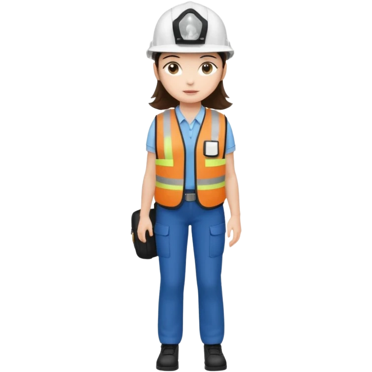 Brunette brown Girl full body standing with her white security helmet and security vest that fits her large on, also with her black backpack. Full body emoji