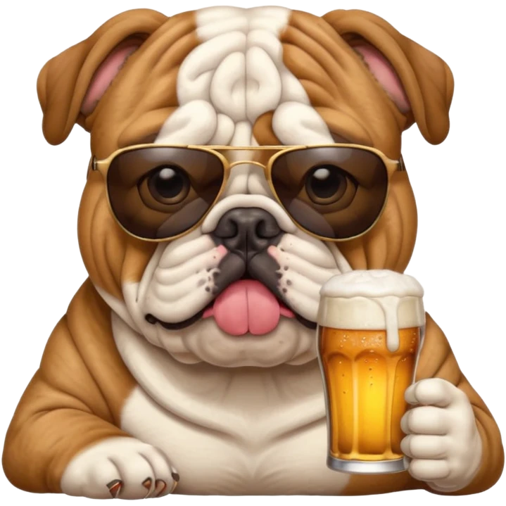 English bulldog wearing sunglasses holding a beer emoji