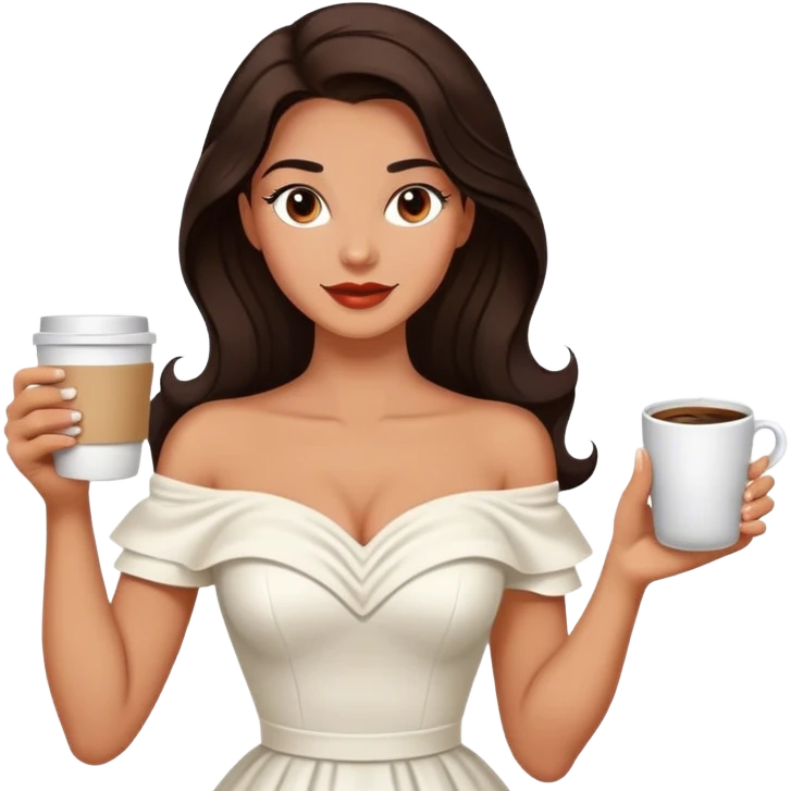 Beautiful woman in 1950’s woman fashion look, off-shoulder white dress, long dark brown hair, coffee emoji