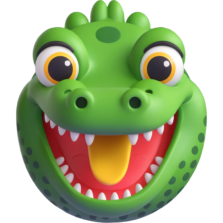 3D emoji of a smiling crocodile with big eyes emoji