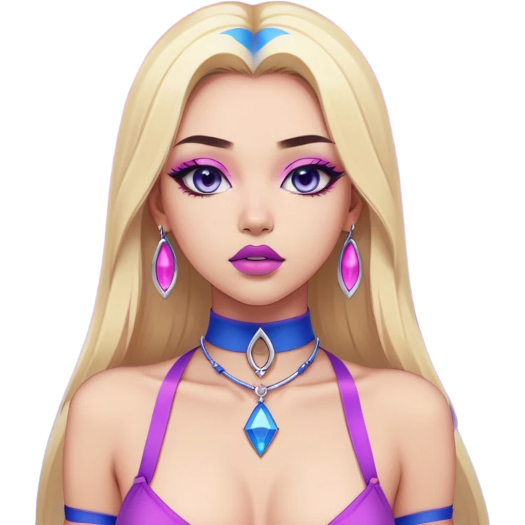 Sticker with a full-length front view of a girl. Hourglass figure. Long straight blonde hair with blue tips. Light skin, erotic makeup with sharp eyeliner and purple lips, pink choker on the neck. Erotic pose, ahegao facial expression. Realistic style, clean neutral background. emoji