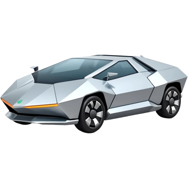 A futuristic chrome car emoji, sharp geometric body design inspired by cybertruck aesthetics, smooth silver metallic surface, matte and glossy chrome mix, minimal details, soft reflections, clean edges, iOS emoji style, centered, clean white background, soft studio lighting, no text emoji