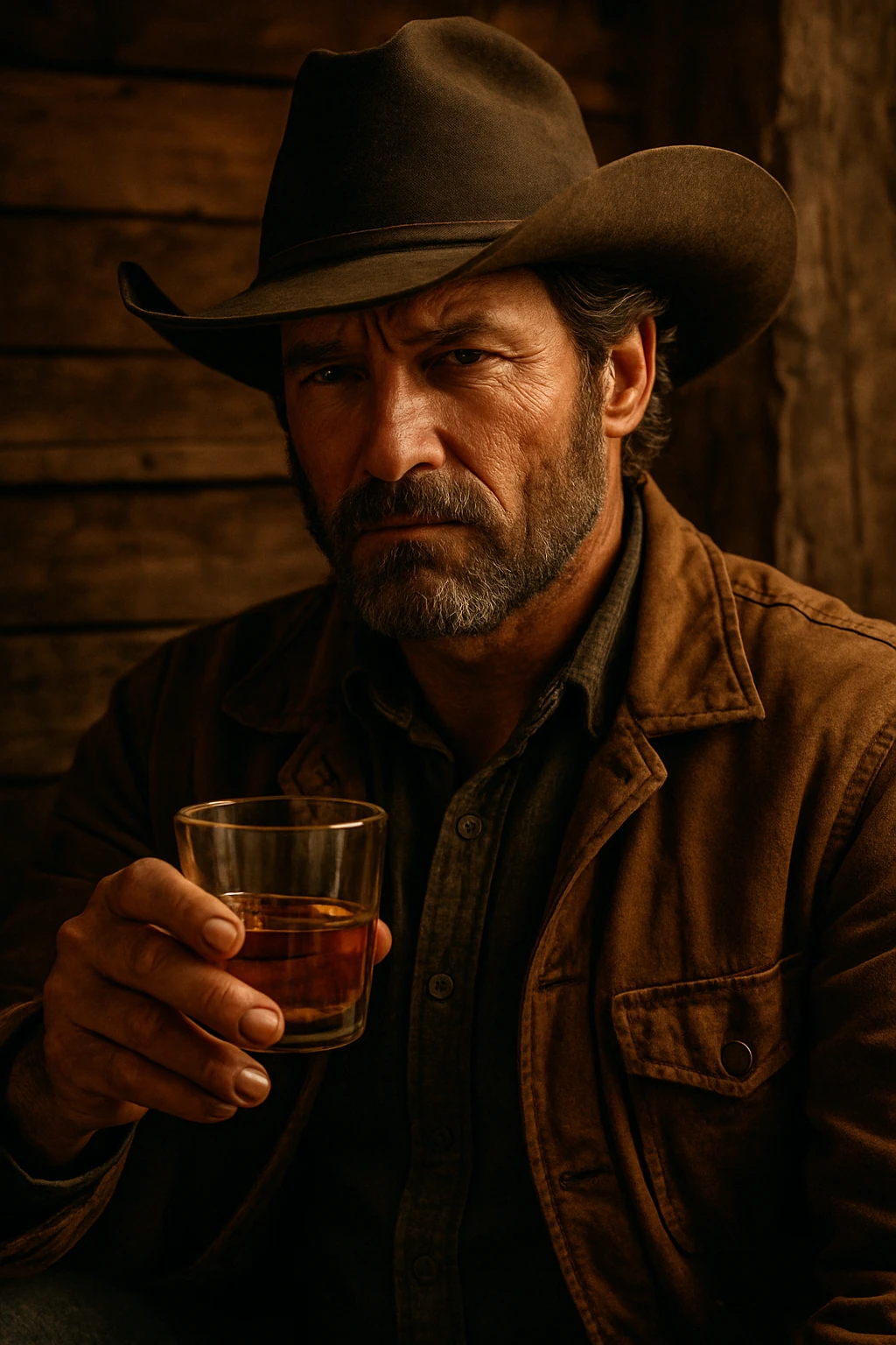 A man wearing a cowboy hat holding a glass of whiskey emoji