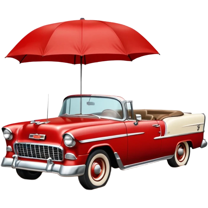 1955 Chevrolet Bel Air Convertible, Red-White color, with a bucket of brown mud pouring down on it, and the car itself is covered in brown mud on all sides, the doors, bumper, hood and wheels are covered in brown mud. 32x32 pixels, aspect ratio: 1:1 emoji