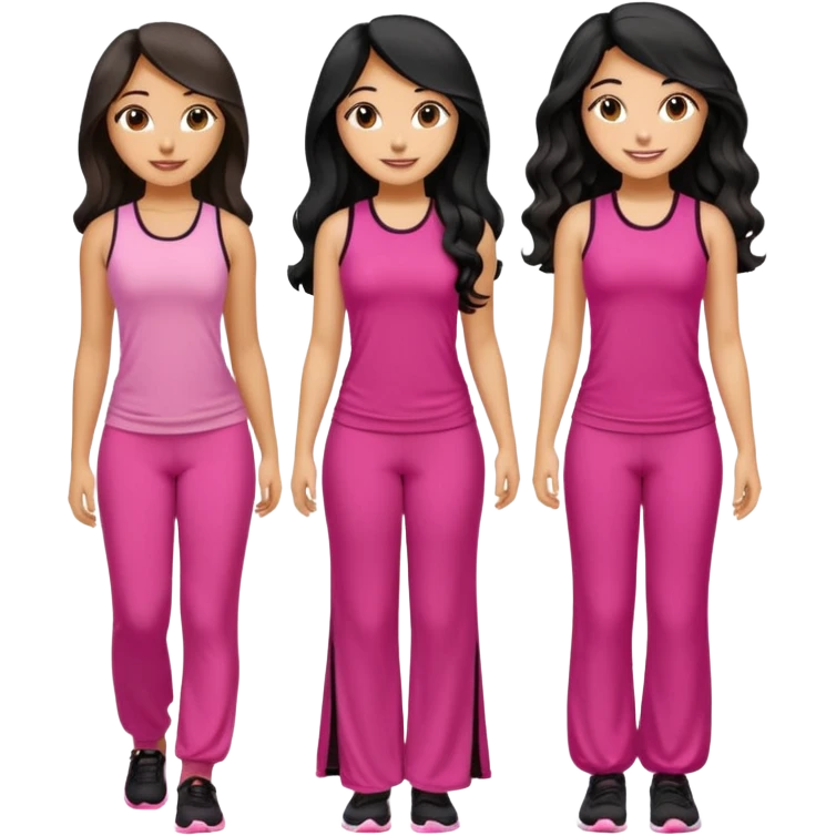 3 olive skin tone best friends. First one wearing pink gym attire modest with long black hair wavy. Second one wearing a pink fitted long maxi dress with curves long black hair and the last one wearing pink casual clothes with brown mid length hair similing looking glammed up  emoji