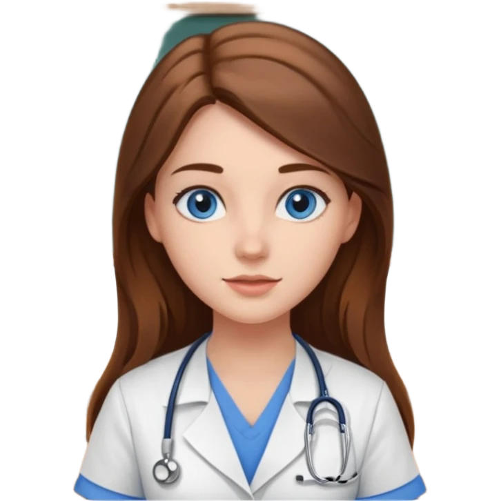 inside a classroom at university that says nursing school on the board with a pretty female nursing student with long brown hair, blue eyes emoji