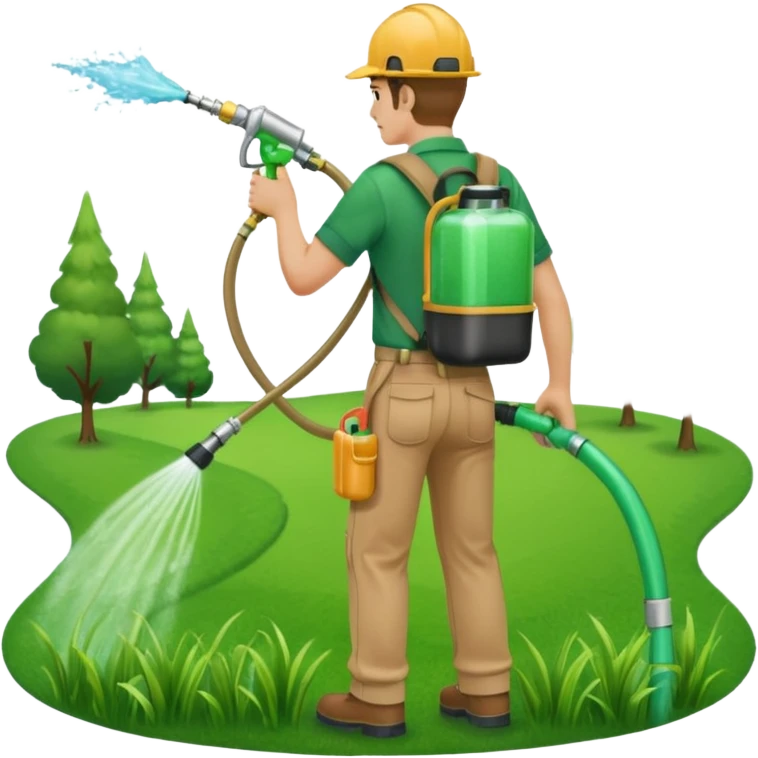 man with a emerald green shirt and tan pants on with backpack chemical sprayer on his back with the hose in his hand pointed downwards at bright green grass emoji