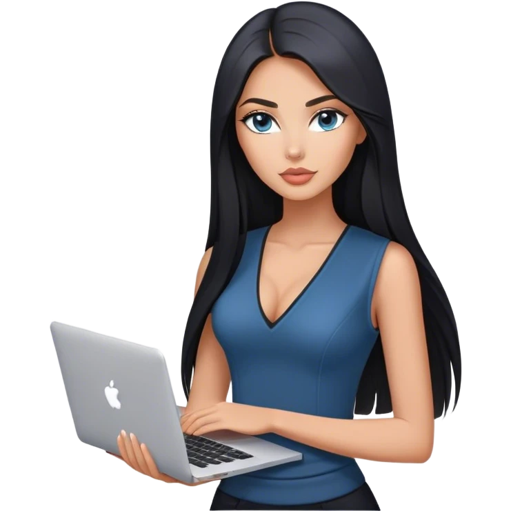 Glamours tanned very beautiful girl with pump peach nude lips and black straight smooth long hair, blue-grey eyes in beautiful v-neck black vest from the suit (short sleeves) no blazer and no anything under the vest, only vest with MacBook emoji