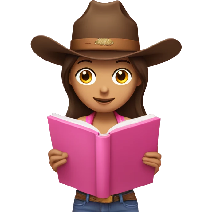 brunette reading a pink book and cowboy hat emoji