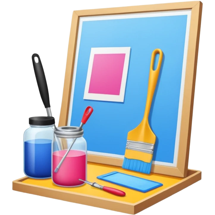 screenprinting setup with frame, squeegee, and ink jar, playful style emoji