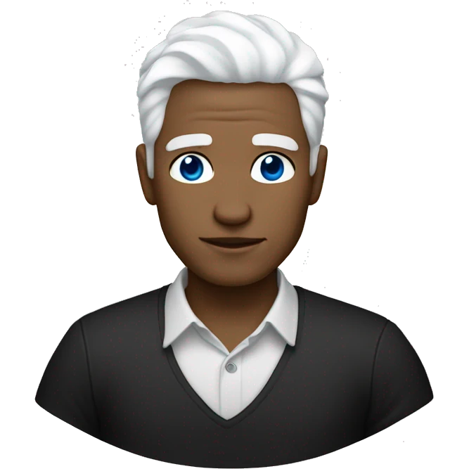 I have white hair, blue eyes, black clothes, black pants, and black shoes. My skin is white, and my eyes are white. emoji