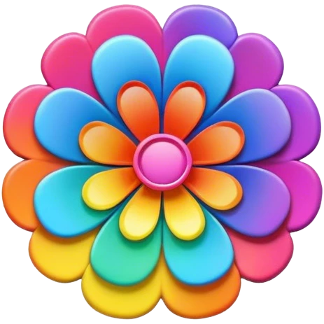 A round psychedelic colored button with bezeled edges and a rainbow colored 3D flower in the center emoji