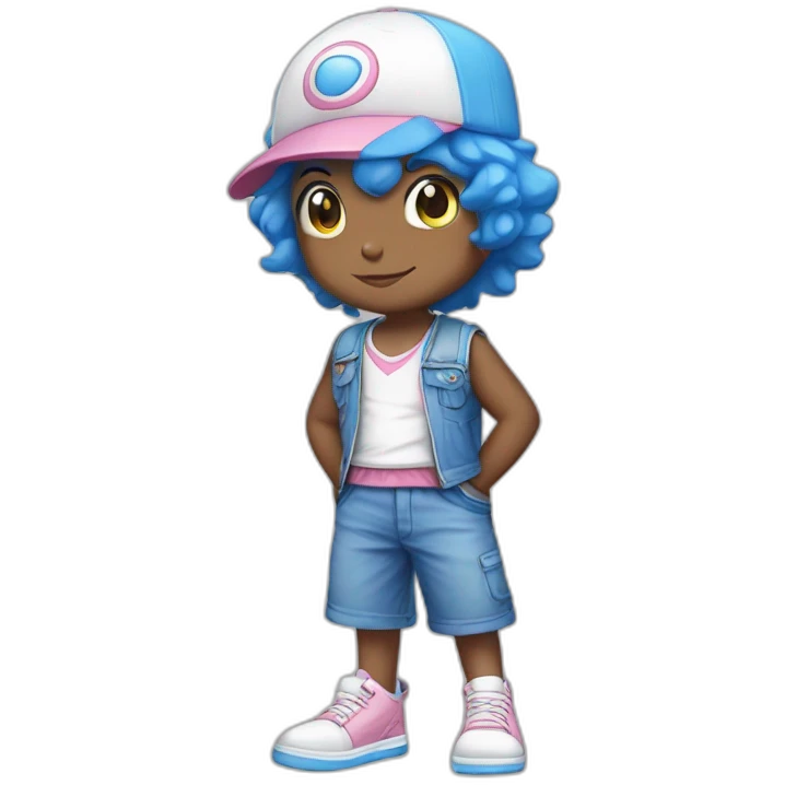 I want a drawing of a child with a pokemon hat, blue hair, a white t-shirt with a blue pokemon vest, lead-colored shorts and white shoes with pink laces. emoji