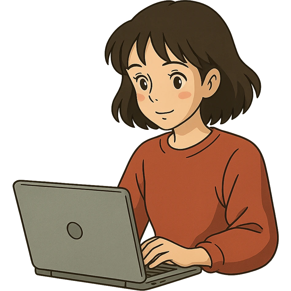 ghibli style brunette girl working on a laptop emoji
