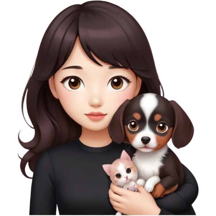 Asain girl with pink blush, wearing a black skinny top, long dark brown curled hair with straight bangs. Carrying a white kitten and a brown dashund puppy.  emoji
