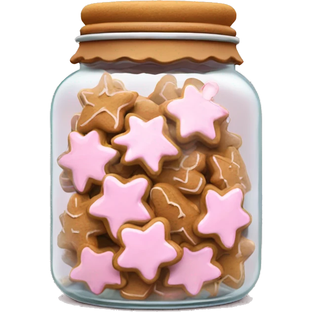 Realistic glass cookie jar with light pink lid full of gingerbread cookies isolated.  emoji