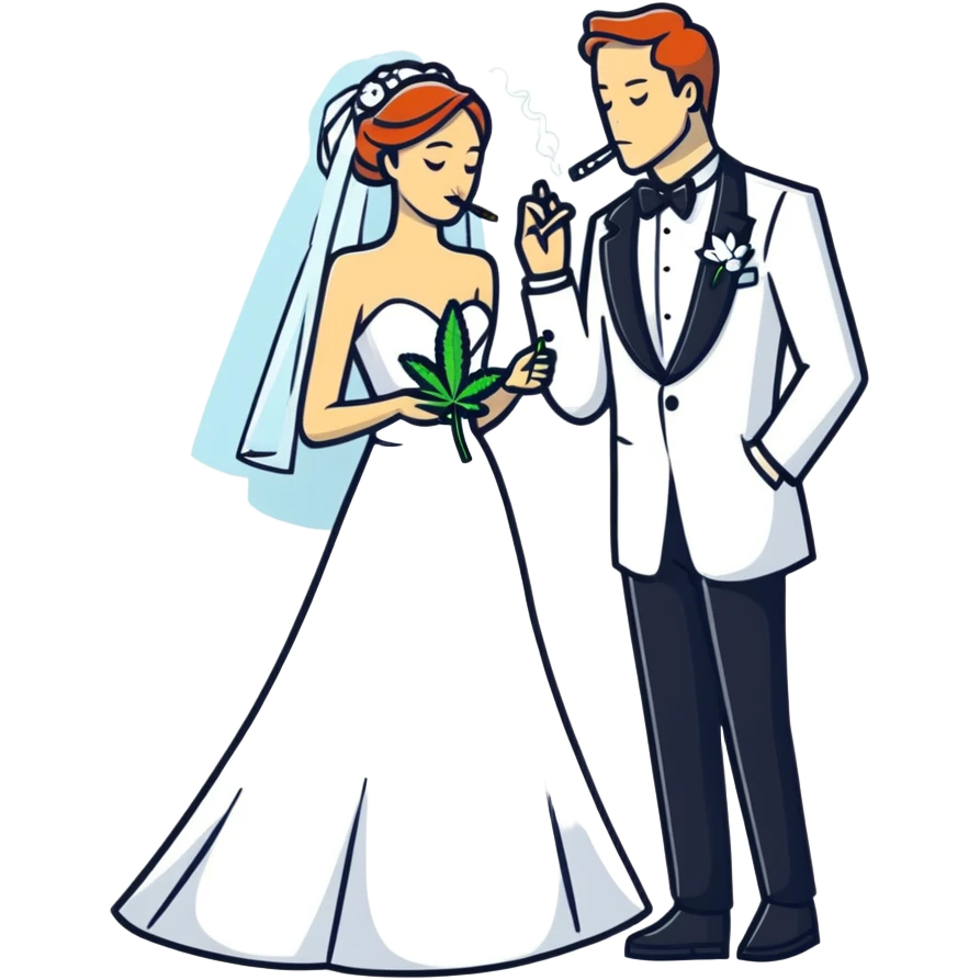 A bride in white wedding dress and groom in tuxedo, full body, smoking cannabis together, wedding couple emoji
