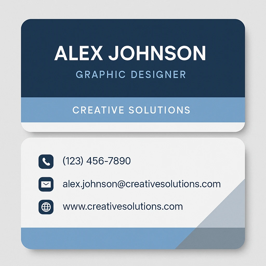 A modern and professional business card for Alex Johnson, Graphic Designer at Creative Solutions. The card should include the name, job title, company name, phone number (123) 456-7890, email alex.johnson@creativesolutions.com, and website www.creativesolutions.com. Use a clean, modern design with a professional color scheme. emoji
