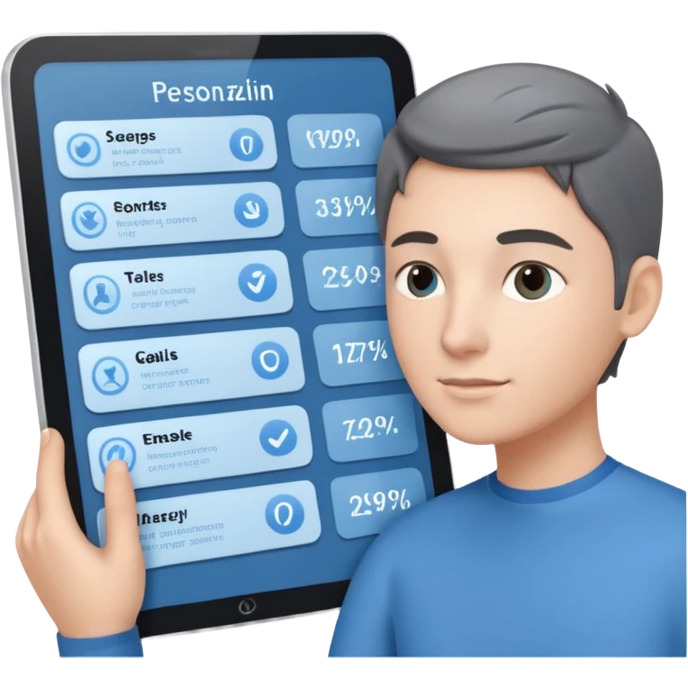 Create an image of an AI coach helping people set goals based on their hobbies. Show a person chatting with the AI, where the screen displays a list of steps and goals. Add elements of progress and personalization. Use a color palette that is associated with technology and innovation. emoji
