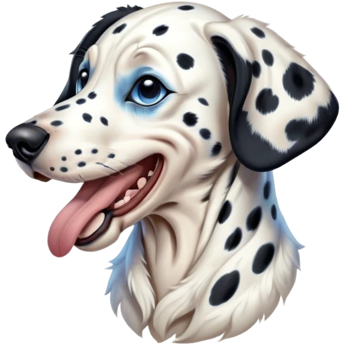 Cinematic Cute Yawning Spotted Dalmatian Portrait Emoji, Head tilted slightly with a dramatic, wide-open yawn, showcasing a smooth Fur of predominantly white with bold black patches, floppy ears slightly drooping, round blue eyes barely open in drowsy contentment, Simplified yet irresistibly adorable features, highly detailed, glowing with a soft, cozy glow, high shine, relaxed yet expressive, stylized with a touch of whimsy, bright and endearing, soft glowing outline, capturing the essence of a sleepy yet affectionate guardian, so drowsy it feels like it could stretch out of the screen and curl up for a nap! emoji