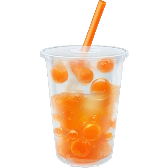 Realistic clear plastic cup half full of Transluscent soda with carbonation bubbles, carrot shaped ice cubes inside the cup and orange curly straw through the top  emoji