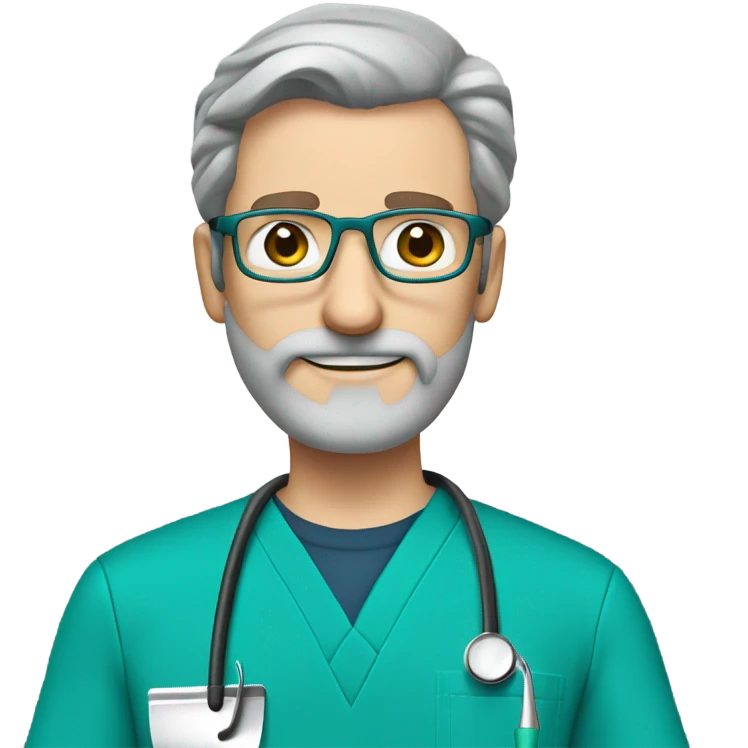 male dark blond with grey beard doctor with hazel eyes and wire-rimmed glasses in teal scrubs holding a paintbrush and a jigsaw emoji