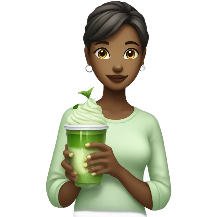 Pretty girl holding a glass cup of iced matcha  emoji