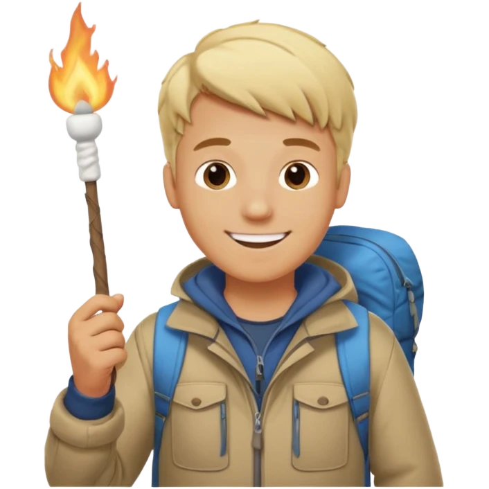 bşonde male with camping clothes holding marshmallow stick emoji
