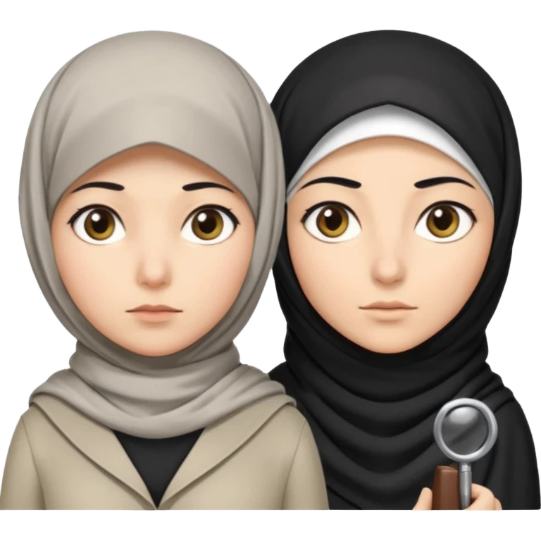 Generate 
1 detective she's white hair covered with hjab light eyes fair skin
1 detectective she's black NO HIJAB HAIR OUT BROWN skin 
they're right next to each other one has a hand lense the other has a sample  emoji
