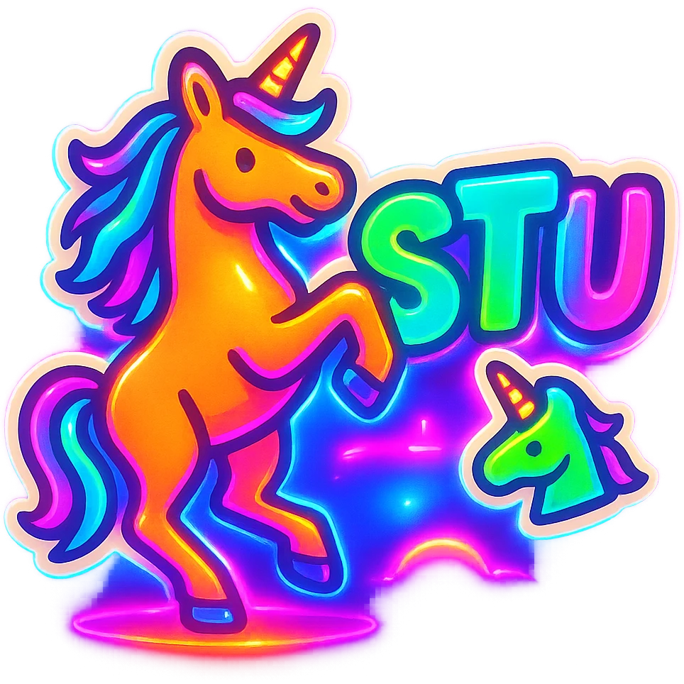 Enhance this emoji with strong neon effects: make the graffiti 'STU 🦄' and unicorn glow with bright neon colors and a dynamic light aura, suitable for Discord, keep the background as is. emoji
