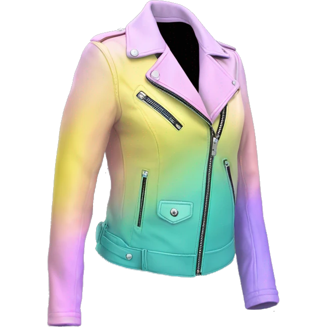 Hyper Realistic isolated side view of an open teal,pastel pink,pastel purple,and yellow ombre feminine fashion leather jacket.  emoji
