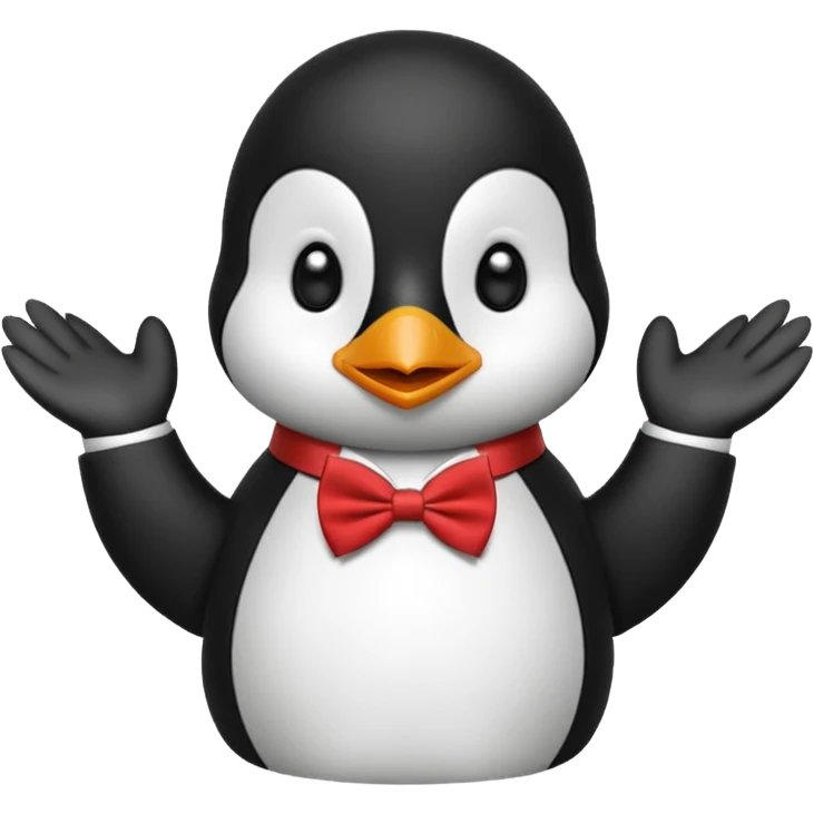 Un pinguino con una pajarita roja haciendo el gesto con la mano de cumplir una promesa. Como este pero con la palma de la mano abierta  emoji