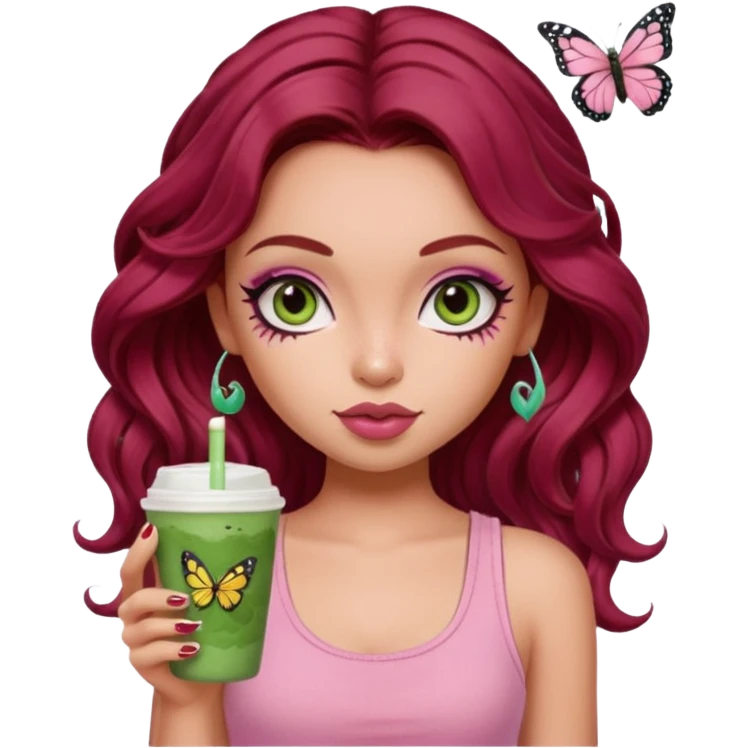 a pretty fair bratz girl with wavy dark red hair, wearing a pink tank top , carrying a matcha . eyeliner on. butterfly tattoo on arm emoji