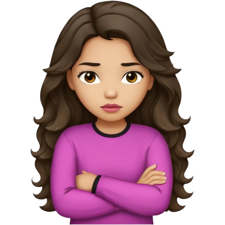Hispanic light tan girl with long dark wavy hair with arms folded and pouting. Wearing a long sleeve. Hair with middle part. emoji