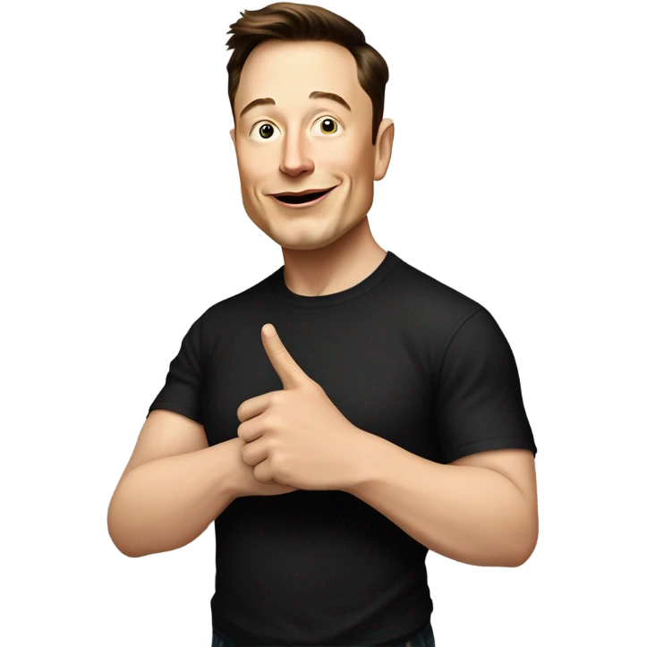 A cartoon-style illustration of Elon Musk with a confident smirk, wearing his signature black t-shirt, pointing downward with both index fingers toward the content below. His facial expression should convey a mix of enthusiasm and playful authority.  emoji