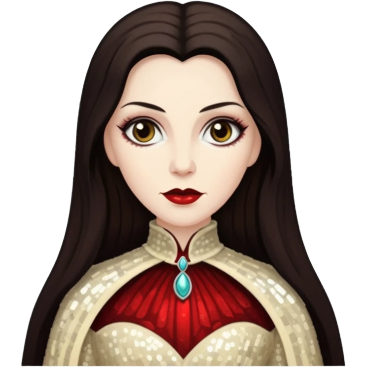 Countess Dracula with long dark brown hair, cream sequin outfit  emoji