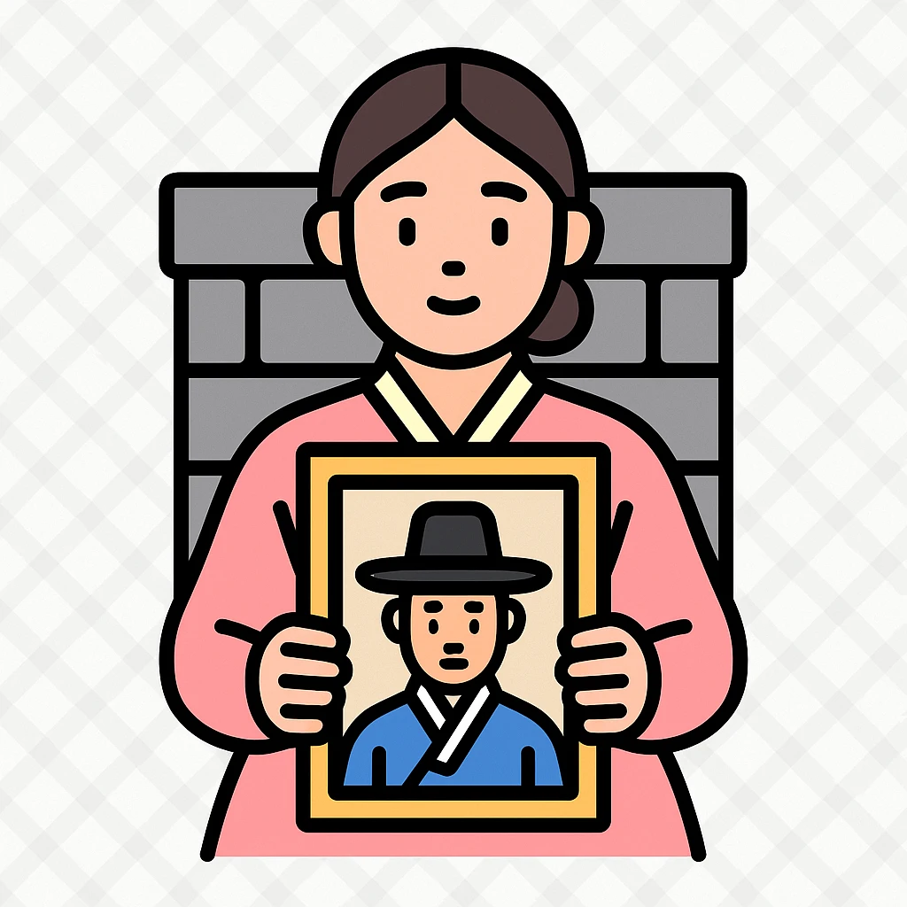 a young woman in a pale pink, sheer hanbok holding a traditional Korean portrait in front of a grey stone wall emoji